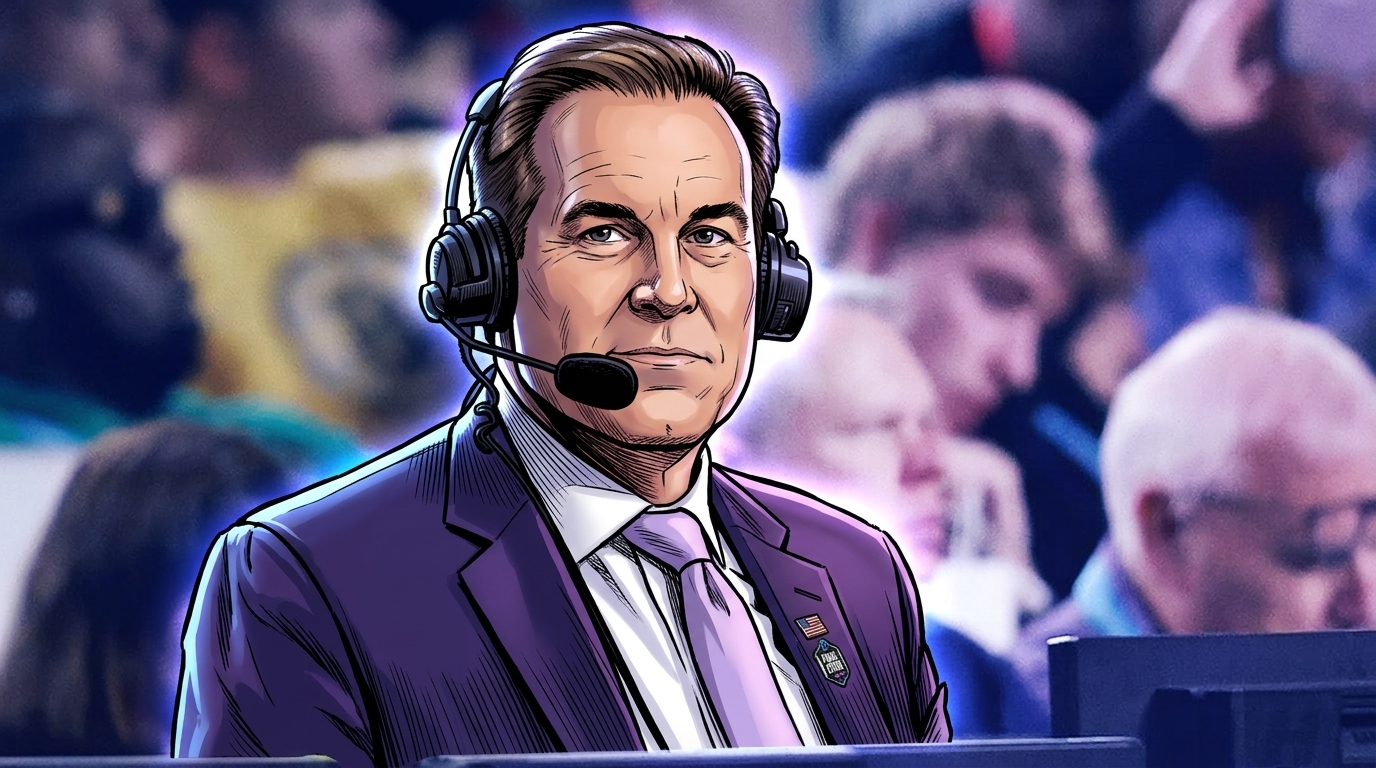 Comic book illustration of Jim Nantz wearing a broadcast headset and microphone, purple suit and lavender tie, with a purple ink-wash watercolor effect over a blurred stadium crowd background
