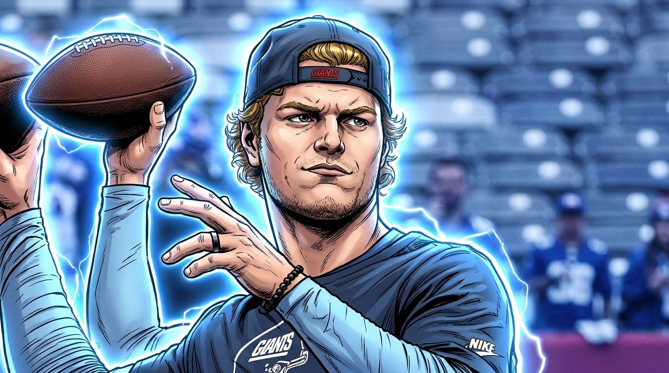Comic-book style illustration of J.J. McCarthy warming up in New York Giants gear with a neon blue rim-light effect