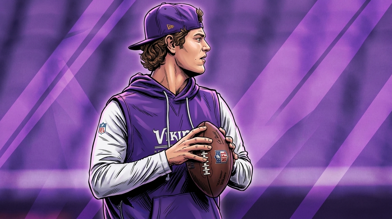 Comic-style illustration of J.J. McCarthy in a purple Minnesota Vikings hoodie holding a football, with purple geometric light-streak effects over a blurred stadium background