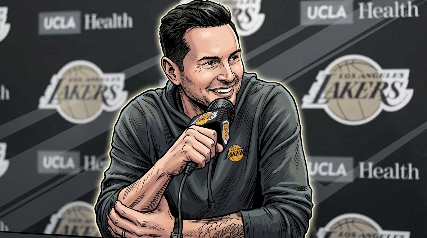 Comic-styled illustration of Lakers head coach JJ Redick smiling at a press conference podium, mic in hand, with a UCLA Health and Lakers-branded backdrop