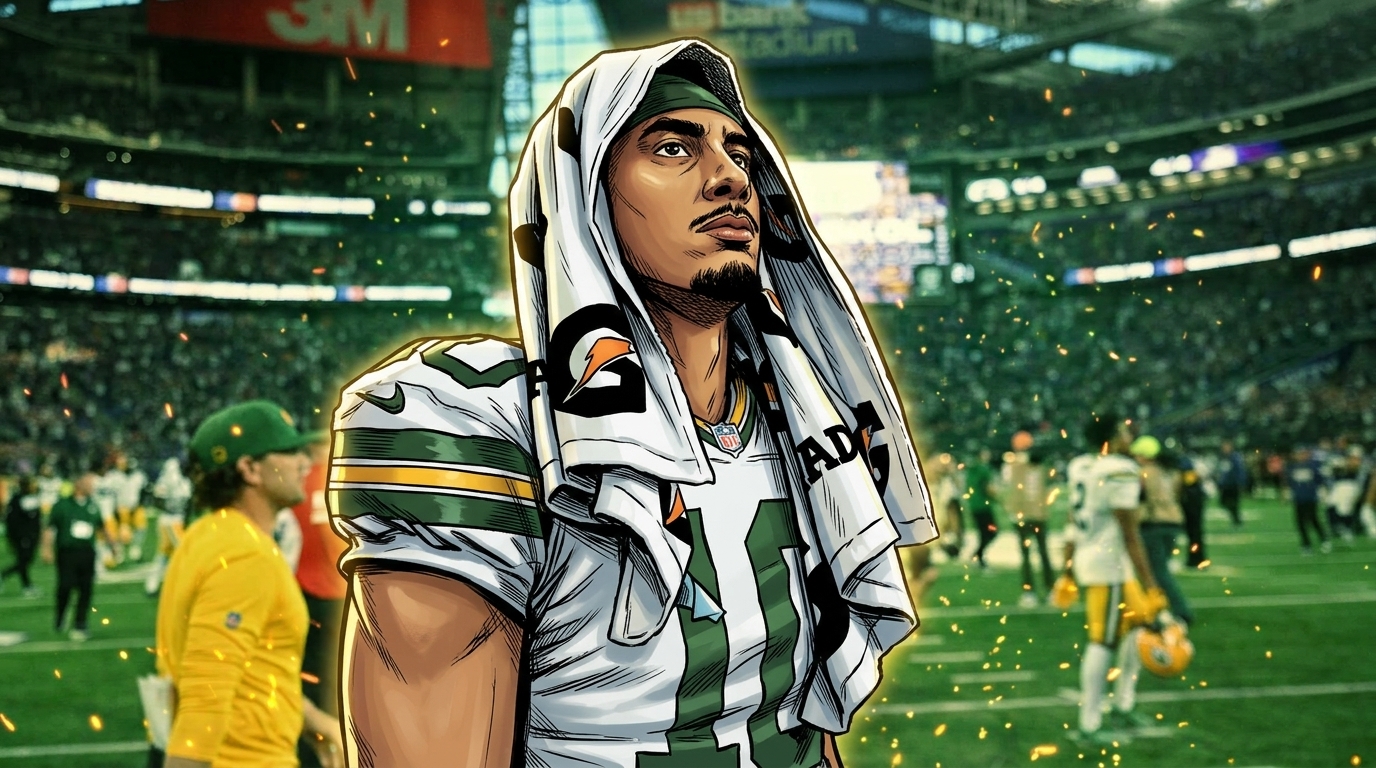 Comic-book illustration of Jordan Love in a white Green Bay Packers road jersey with a towel draped over his head, walking off the field after Green Bay's Week 1 loss to Minnesota, particle-ember effect over a blurred US Bank Stadium crowd background