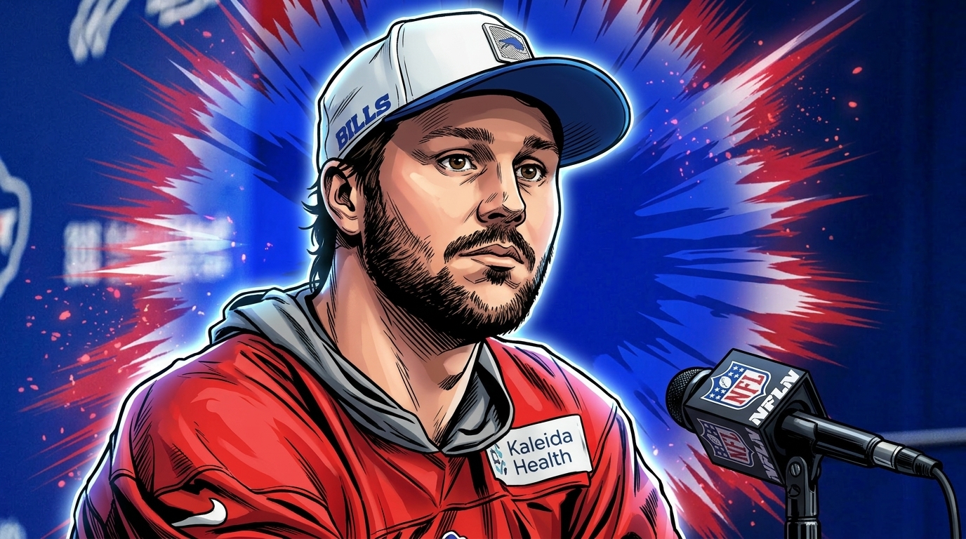 Comic-style illustration of Buffalo Bills quarterback Josh Allen in a red Bills sideline hoodie with a Kaleida Health patch, red and blue shockwave effect radiating behind him — Swipe Sports
