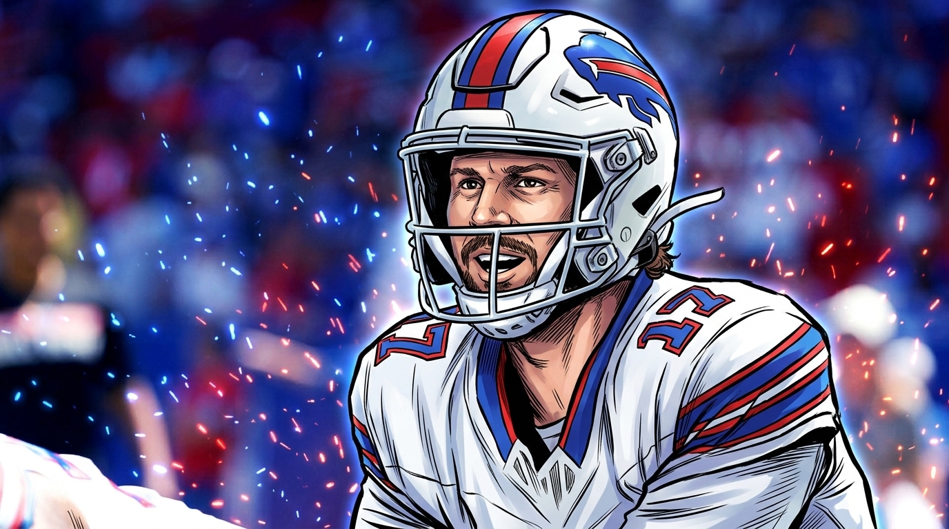 Josh Allen illustrated in comic style with a particle field effect on the sideline — Swipe Sports