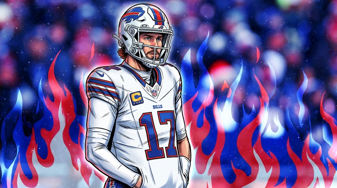 Comic-style illustration of Josh Allen in his white Bills away jersey and helmet on the field, with a blurred stadium crowd and blue-and-red flame effects in the background