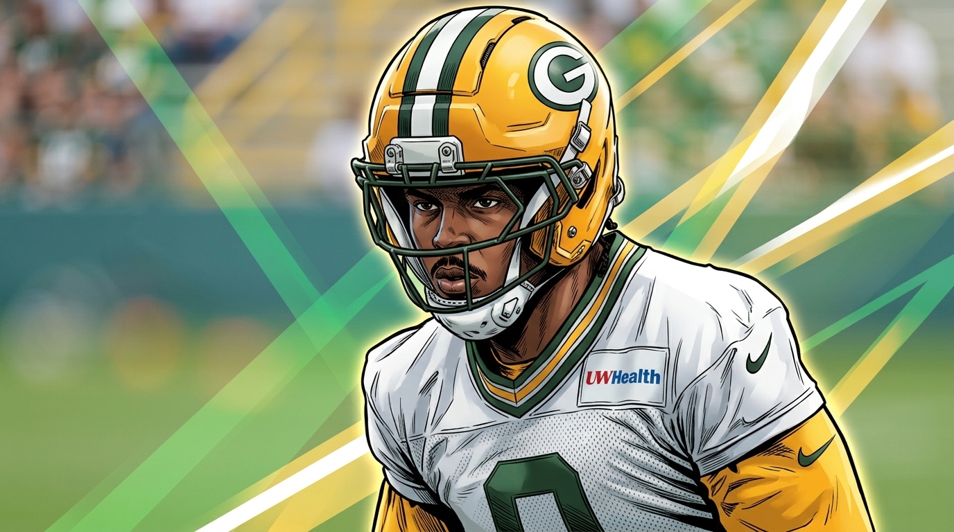 Comic-style illustration of Josh Jacobs in a Green Bay Packers uniform