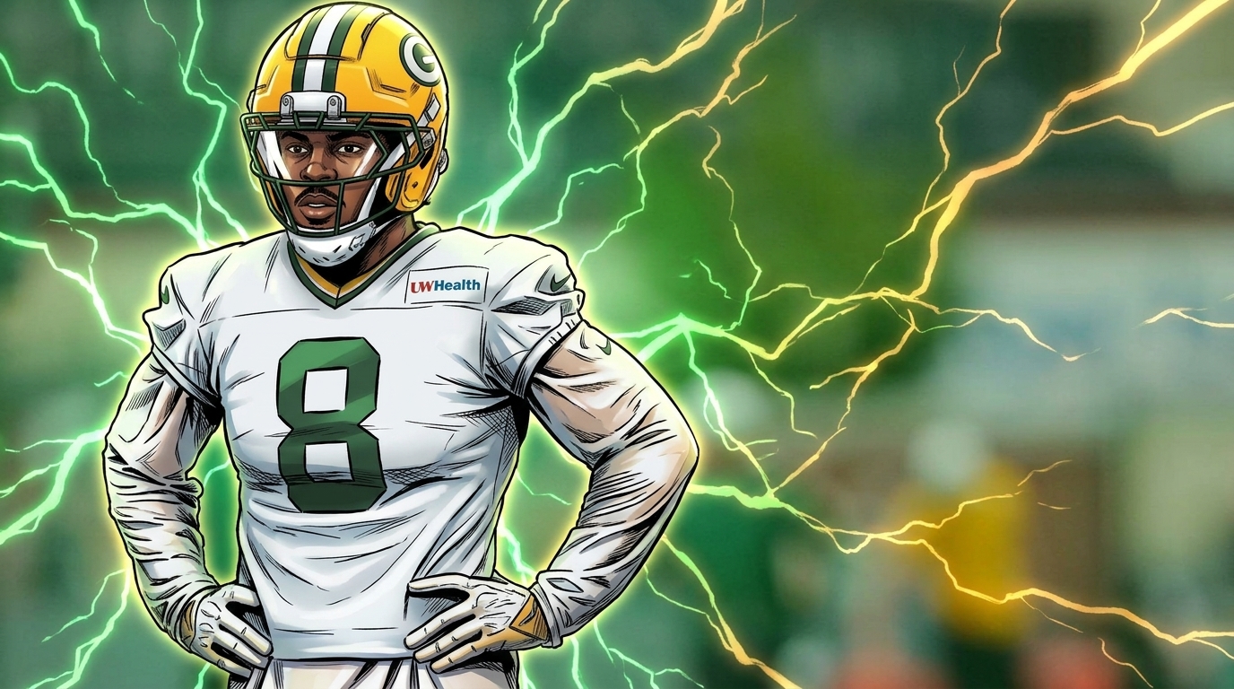 Comic-style illustration of Josh Jacobs in Green Bay Packers practice gear against a green and gold electric-energy background