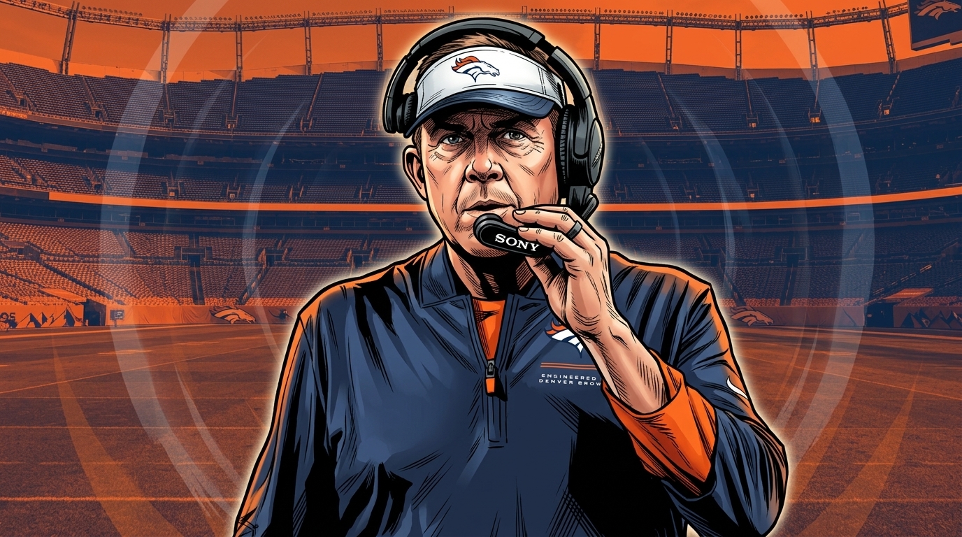 Broncos head coach Sean Payton on the sideline headset, comic book style with a shockwave effect — Swipe Sports