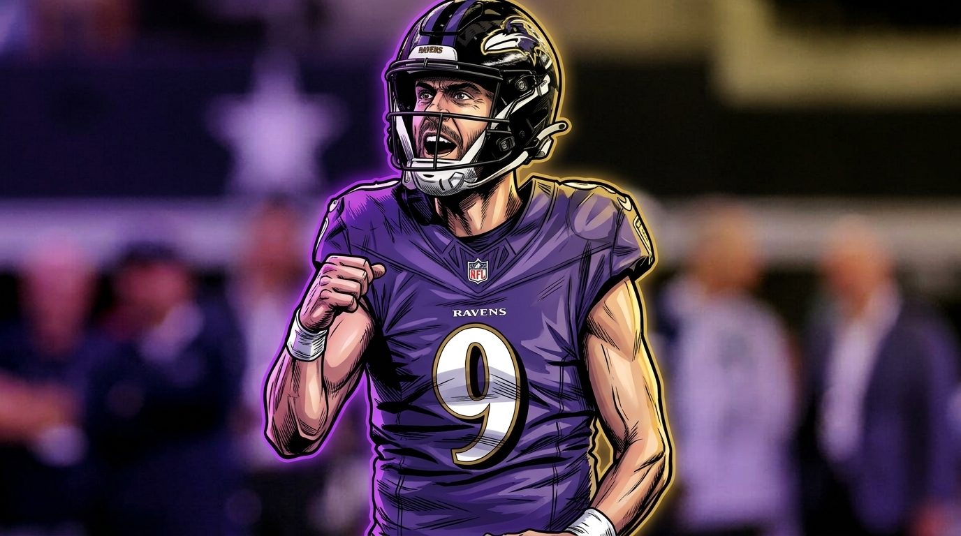 Comic-style illustration of Justin Tucker fist-pumping in his purple Baltimore Ravens #9 jersey and helmet, neon purple and gold rim glow, blurred stadium background