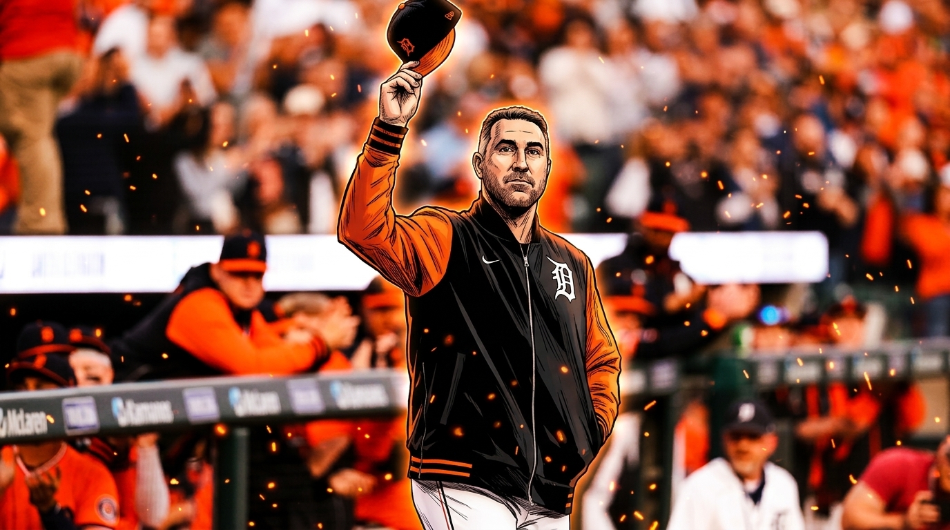 Comic-style illustration of Justin Verlander in a Detroit Tigers jacket tipping his cap to the crowd, with particle-field and floating-ember effects