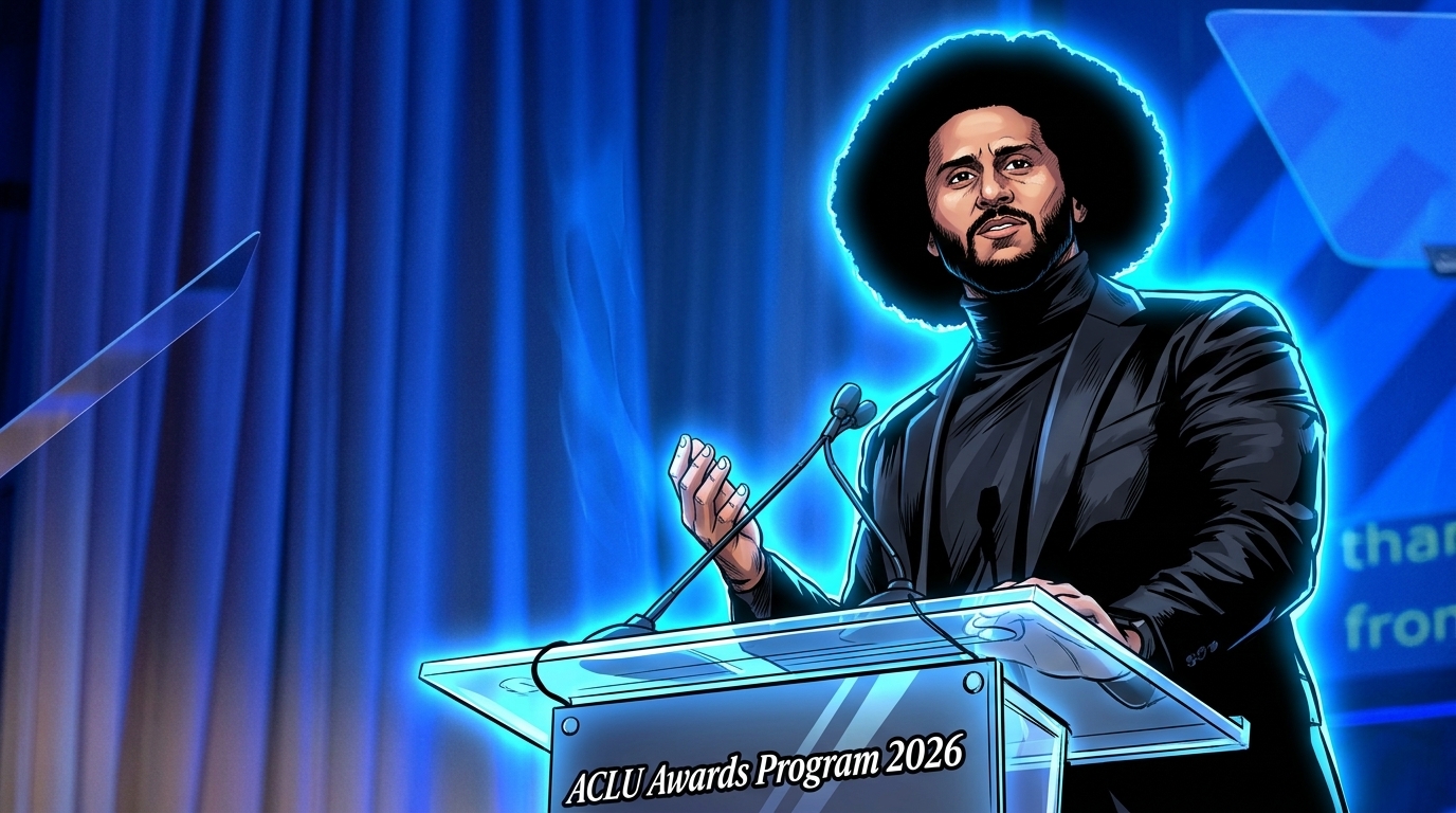 Comic-style illustration of Colin Kaepernick speaking at a podium marked ACLU Awards Program 2026, wearing a black turtleneck and suit jacket, with a blue neon rim-glow effect over a blue curtained stage background.