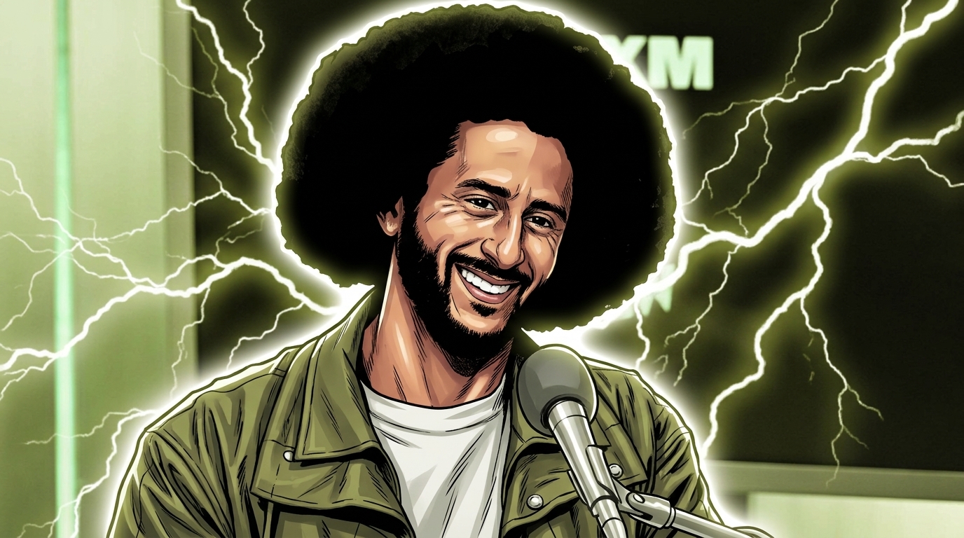 Comic-style illustration of Colin Kaepernick smiling in front of a microphone, wearing an olive field jacket over a white t-shirt, with an electric-energy lightning effect over a SiriusXM studio background.