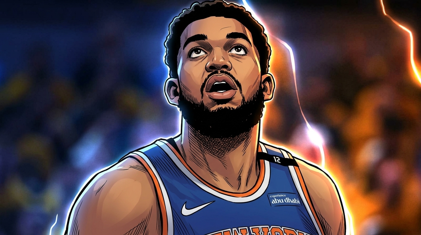 Karl-Anthony Towns in a Knicks jersey, comic style, looking up