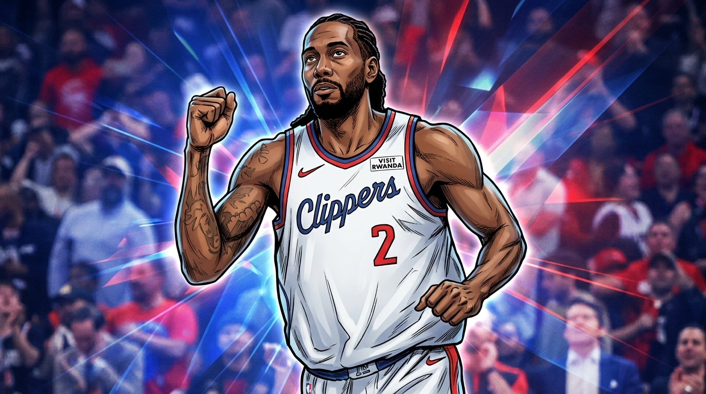 Comic-style illustration of Kawhi Leonard pumping his fist in a white Clippers jersey, blue and red geometric light streaks radiating behind him
