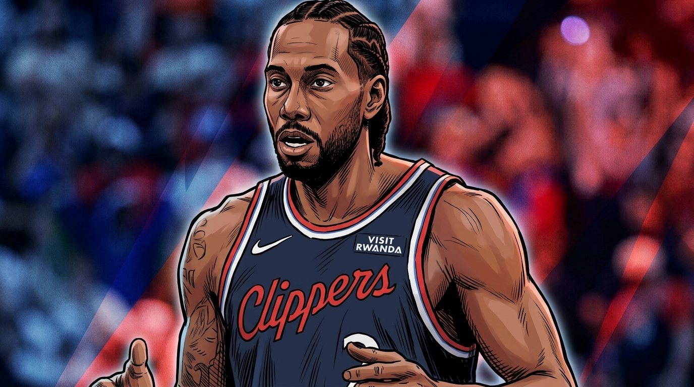 Comic-style illustration of Kawhi Leonard in a navy Los Angeles Clippers jersey with geometric light streaks in the background