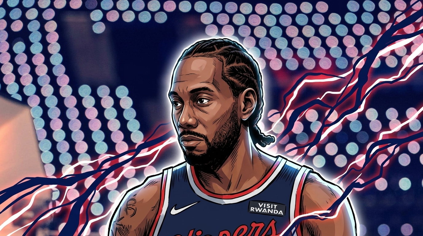 Kawhi Leonard illustrated in Marvel comic style with an electric energy effect at Clippers media day — Swipe Sports