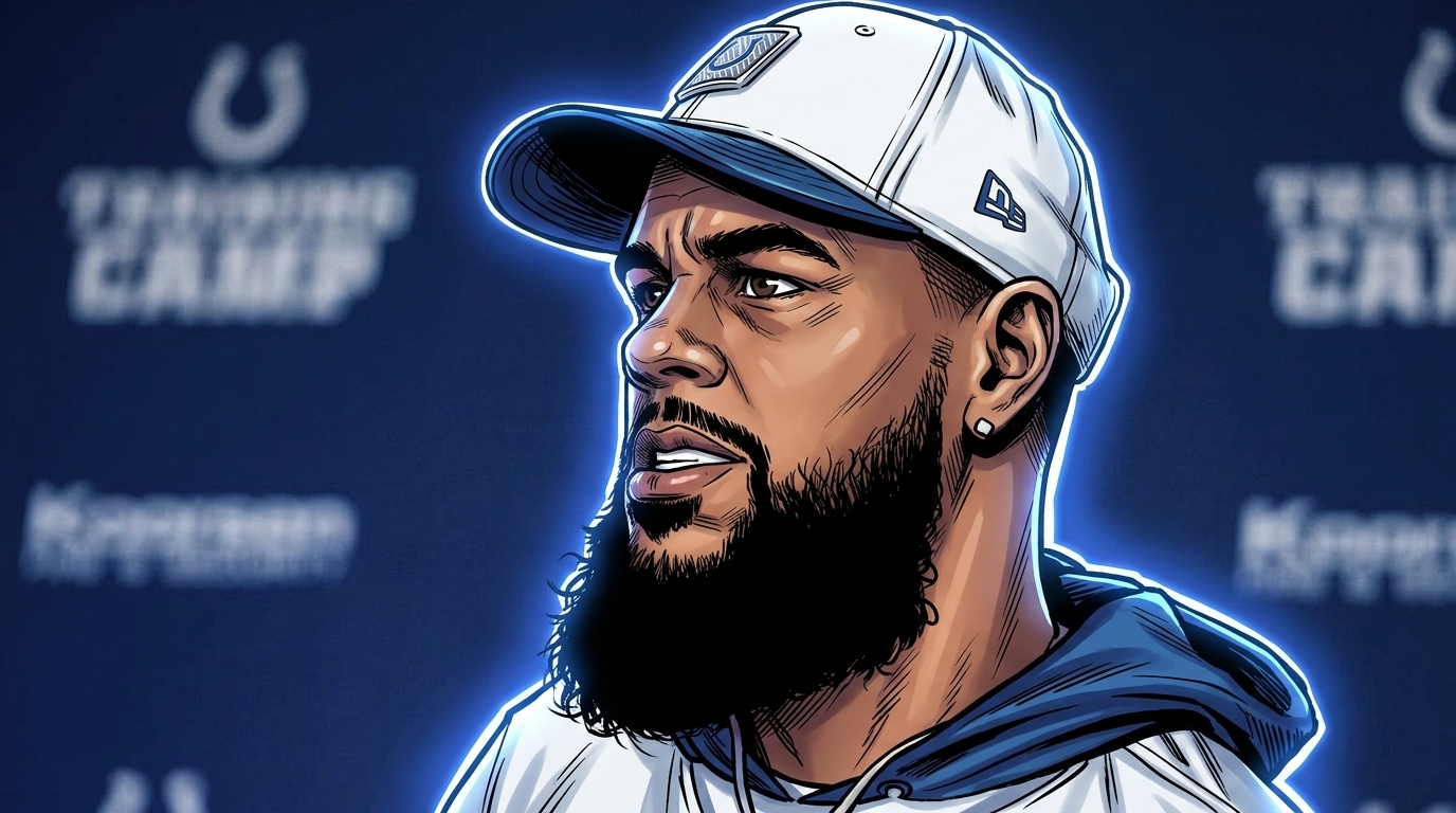Comic-style illustration of Keenan Allen in a cream and navy New Era Colts training-camp cap and white hoodie, neon rim-glow effect outlining him against the Colts training-camp step-and-repeat backdrop
