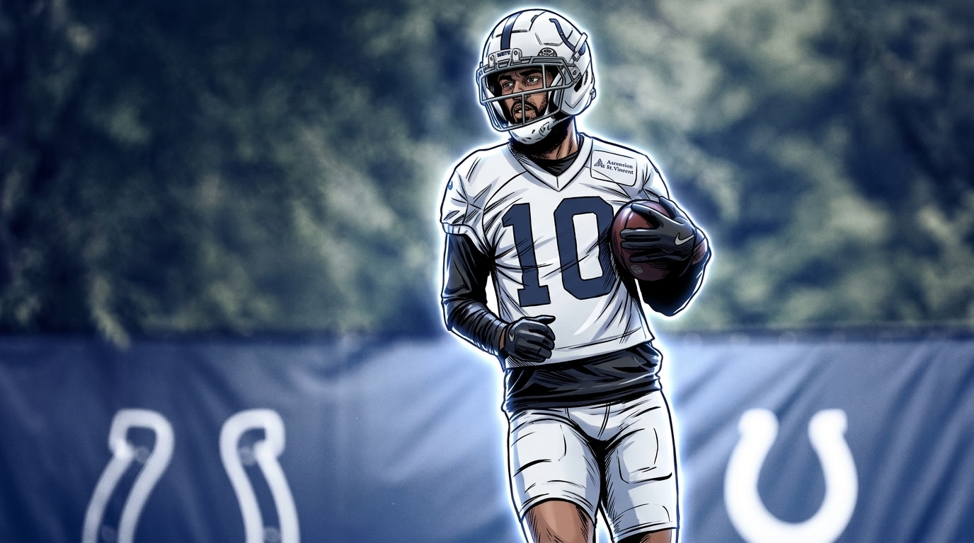 Comic-style illustration of Colts receiver Keenan Allen in a white No. 10 practice jersey and helmet, jogging with a football, a neon blue rim-light glow outlining his figure against a blurred green practice field and Colts horseshoe barrier.