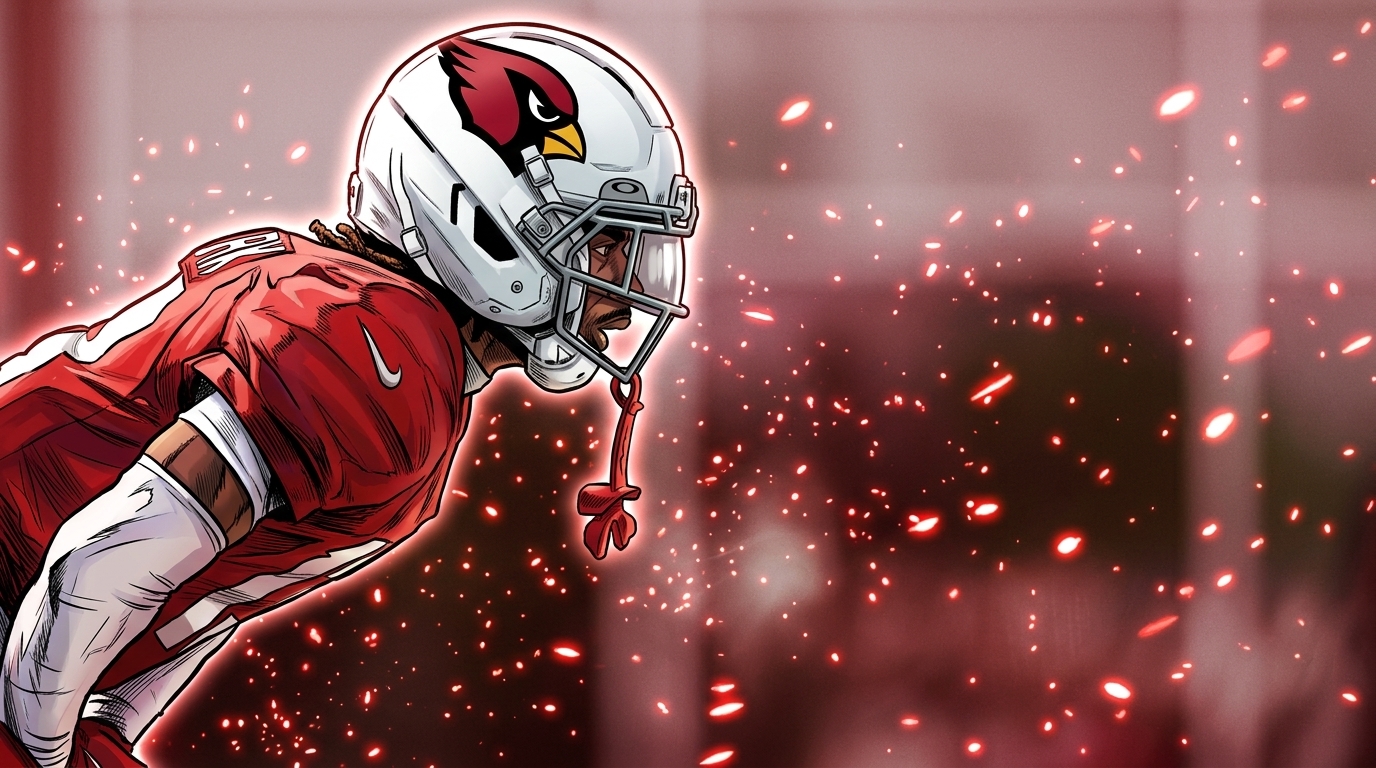 Kei'Trel Clark, comic-styled with a red particle field / floating embers effect, in a Cardinals white helmet and red practice jersey, leaning forward in profile