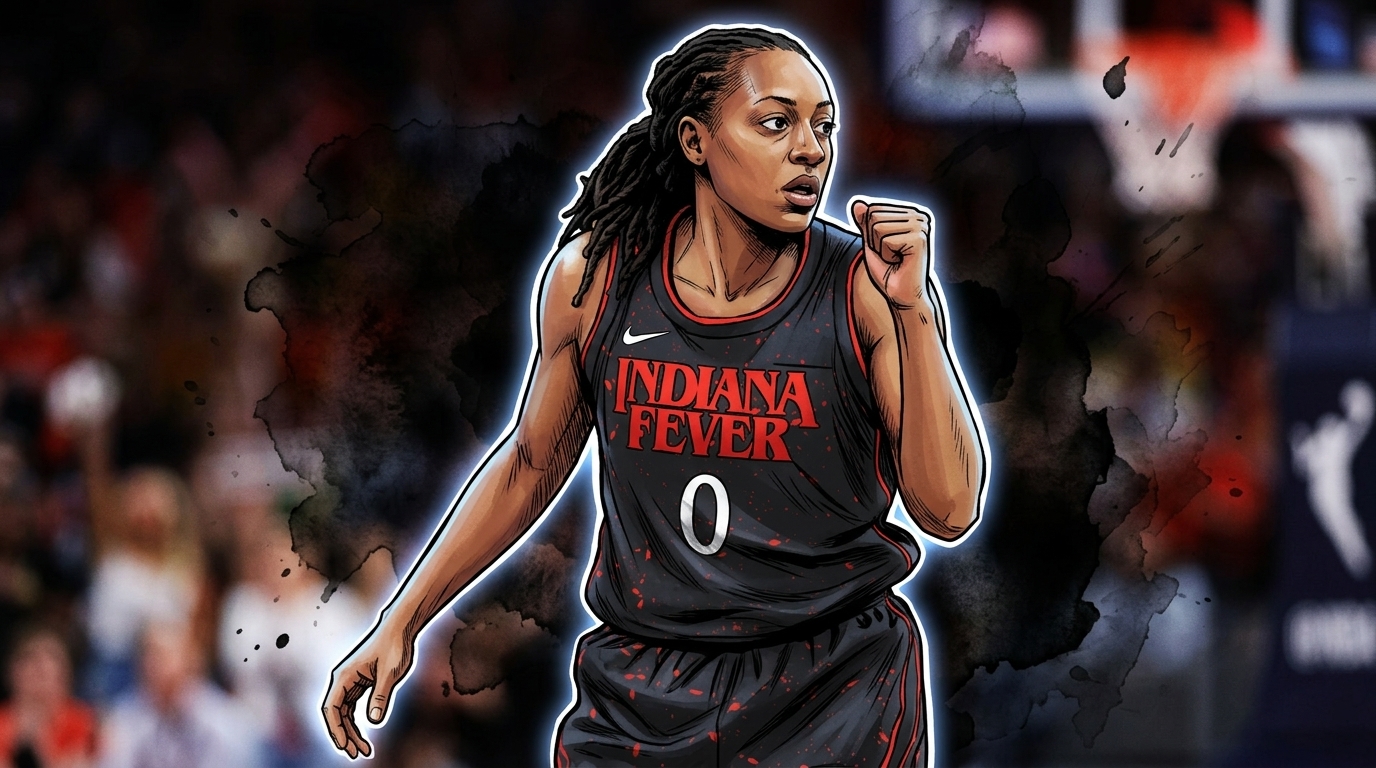 Comic-style illustration of Kelsey Mitchell in an Indiana Fever jersey, fist raised, against a red-and-black ink-wash arena background