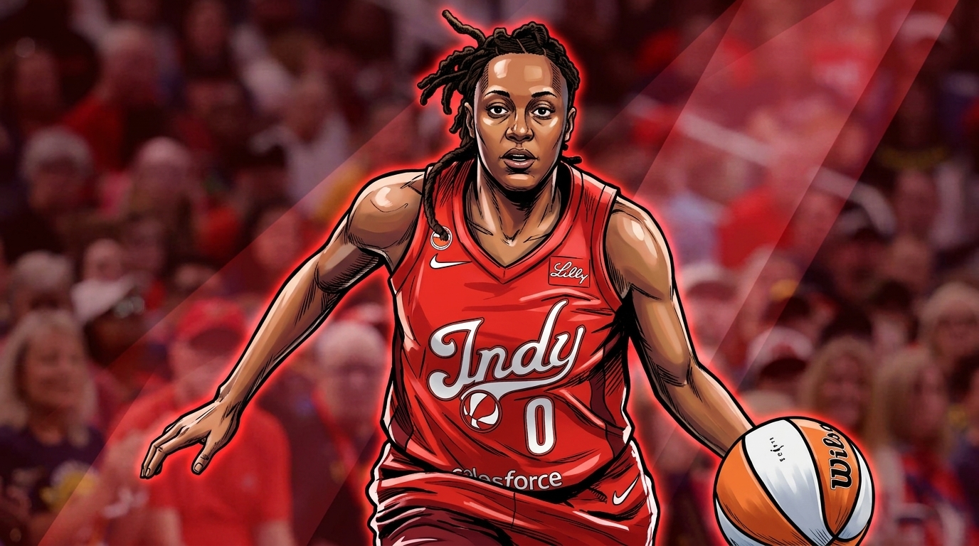 Kelsey Mitchell of the Indiana Fever driving with the ball, comic-styled with a red geometric light streak effect