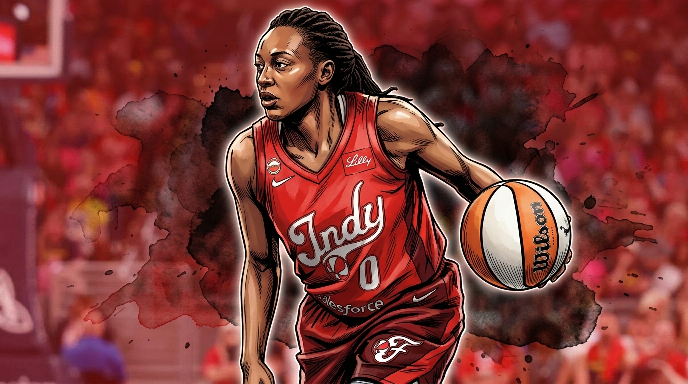Comic-style illustration of Kelsey Mitchell dribbling in an Indiana Fever 'Indy' alternate jersey, ink-wash red arena background