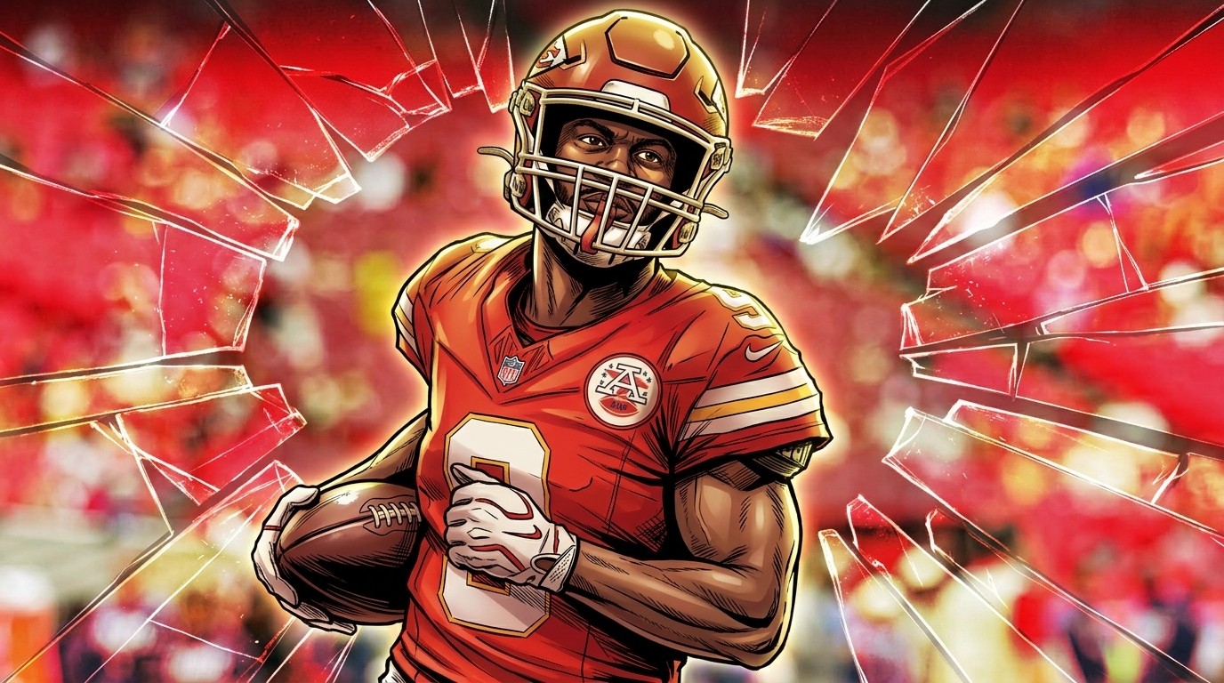 Comic-style illustration of Chiefs running back Kenneth Walker III in a red No. 9 jersey and gold helmet, jogging with a football under his arm, bold shattered-glass shards radiating around him against a blurred red stadium crowd background.