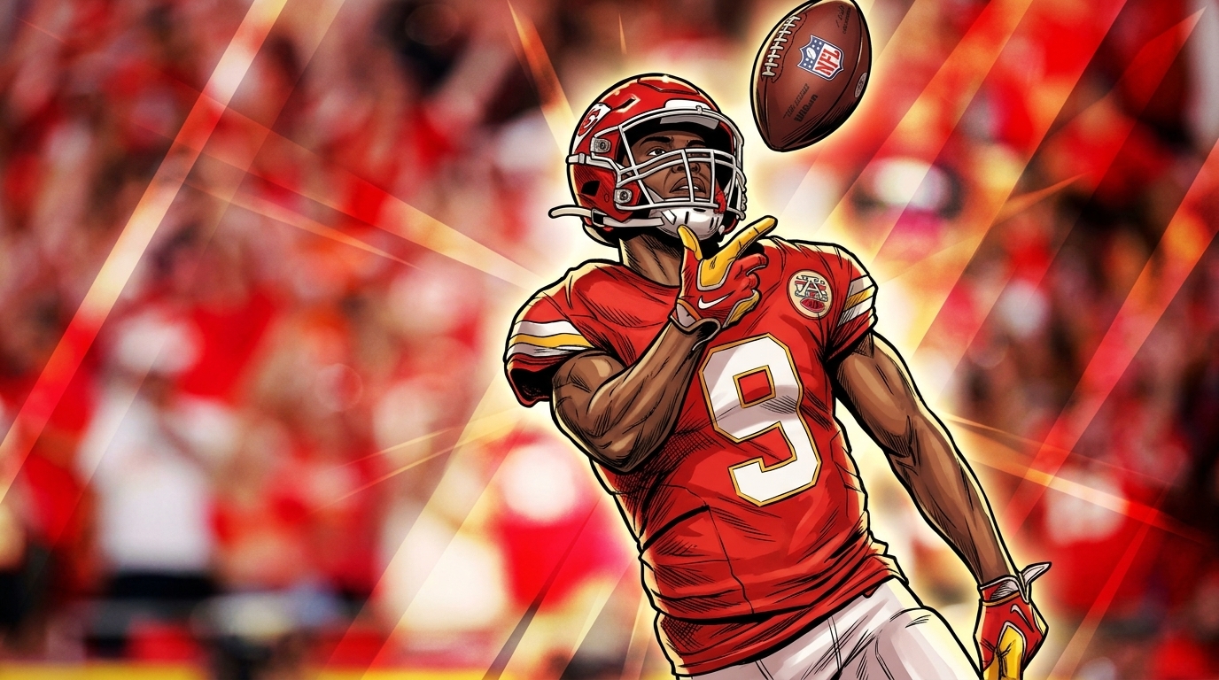 Kenneth Walker III, in a comic-style illustration with a geometric light streaks effect, mid-throw tossing a football into the stands, wearing a red Kansas City Chiefs jersey and helmet