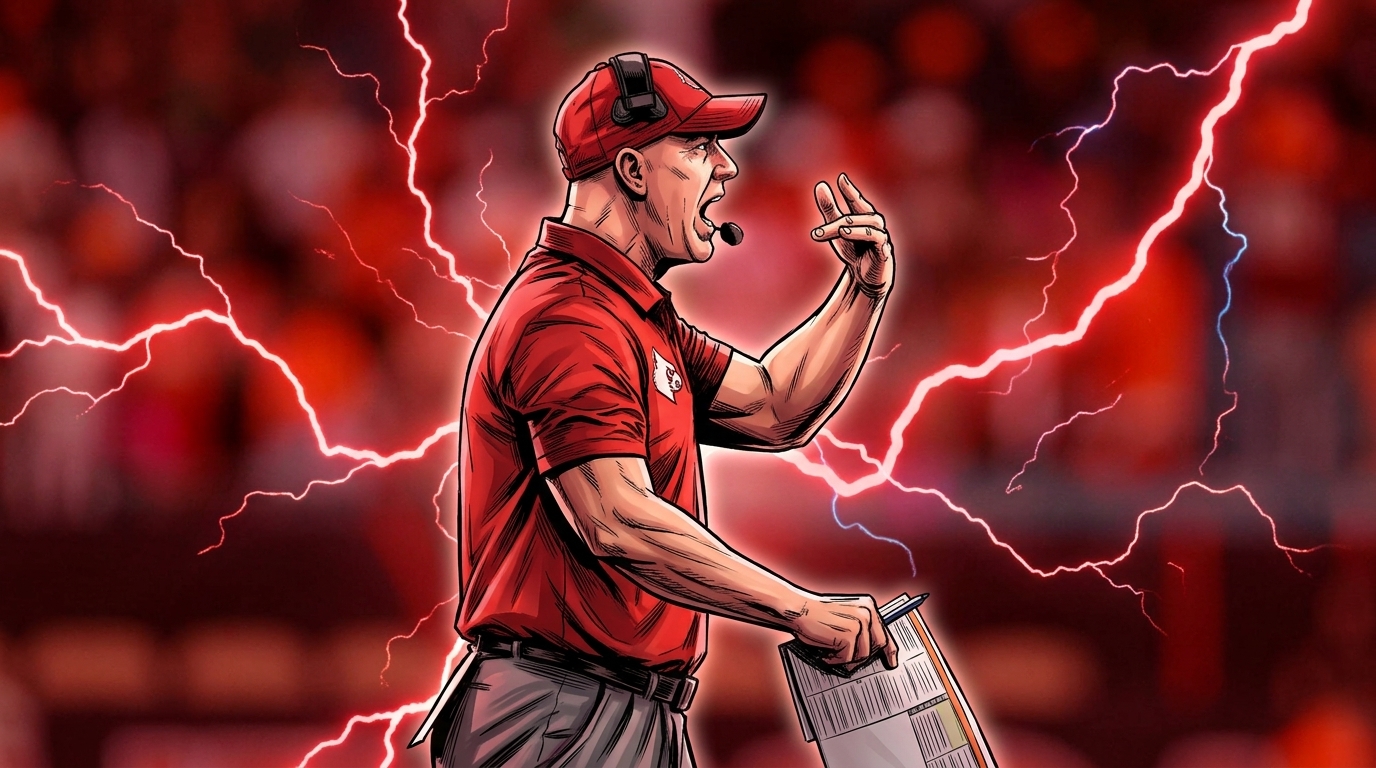 Comic-style illustration of Louisville head coach Jeff Brohm in a red polo and cap, gesturing with three fingers raised while holding a play sheet, red lightning bolts crackling behind him against a blurred stadium crowd.