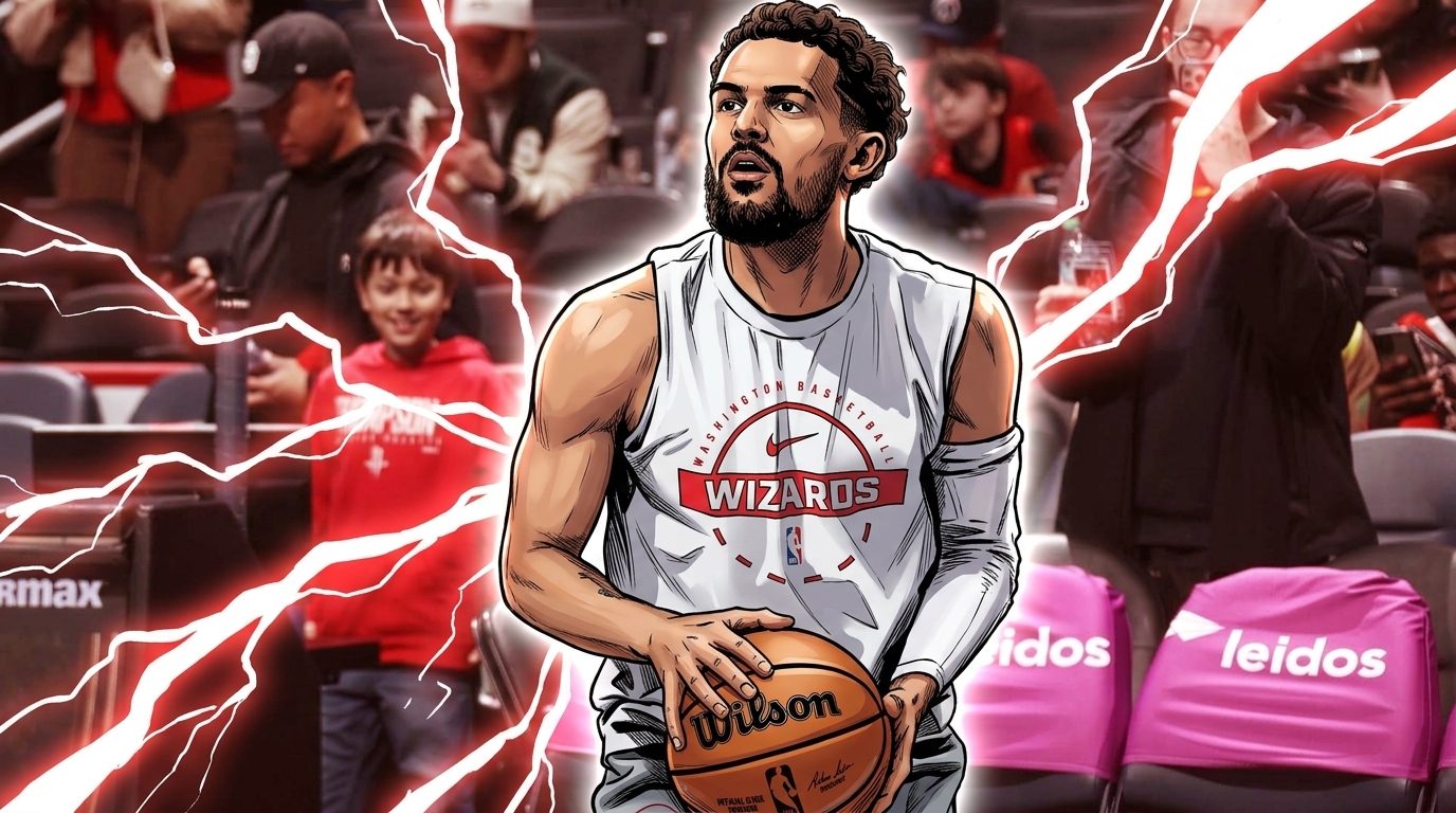 Comic-style illustration of Trae Young in a white Wizards practice jersey shooting a free throw, with electric lightning effects and a blurred arena crowd in the background