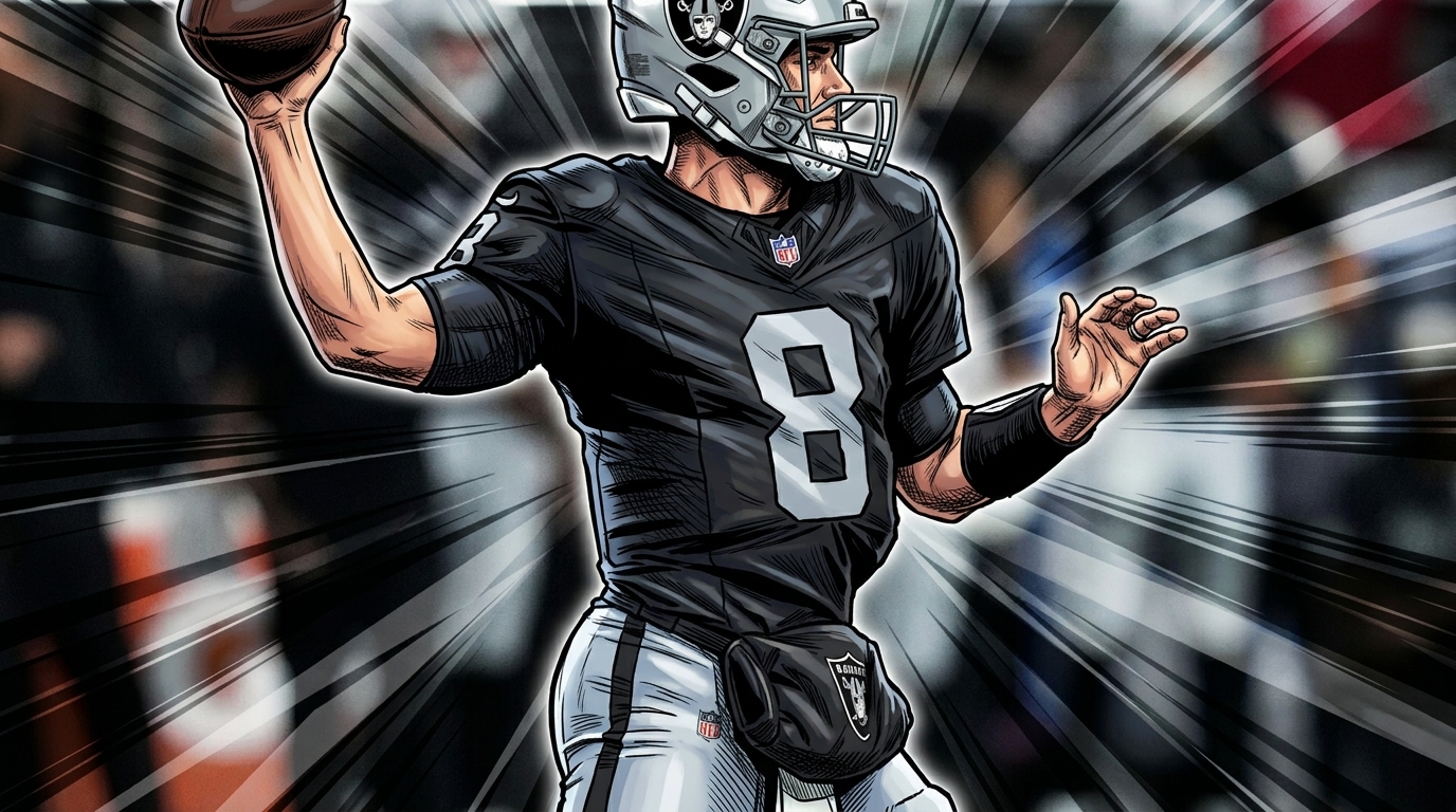 Comic-style illustration of Kirk Cousins in a black Raiders No. 8 jersey mid-throw, silver and black geometric light streaks washing the stadium background