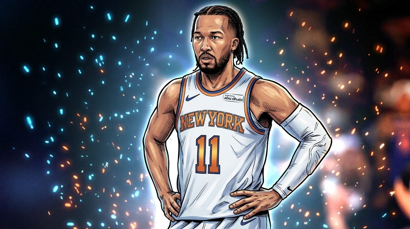 Comic-style illustration of New York Knicks guard Jalen Brunson in his white home jersey, number 11, with a blue and orange particle-field spark effect over a blurred arena background