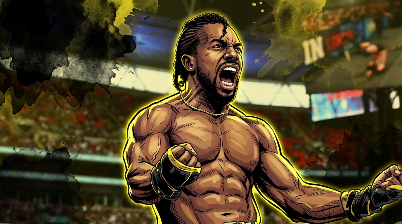 Illustrated ink-wash style image of Austin Creed screaming in celebration after winning the AEW World Trios Championship at Wembley Stadium