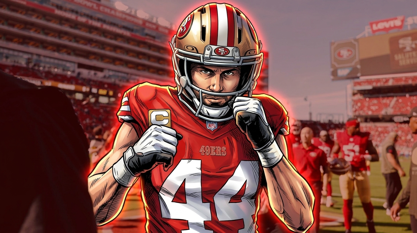 Kyle Juszczyk, in a comic-style illustration with a neon rim glow effect, fists raised walking off the field at Levi's Stadium, wearing a red San Francisco 49ers jersey and helmet with number 44