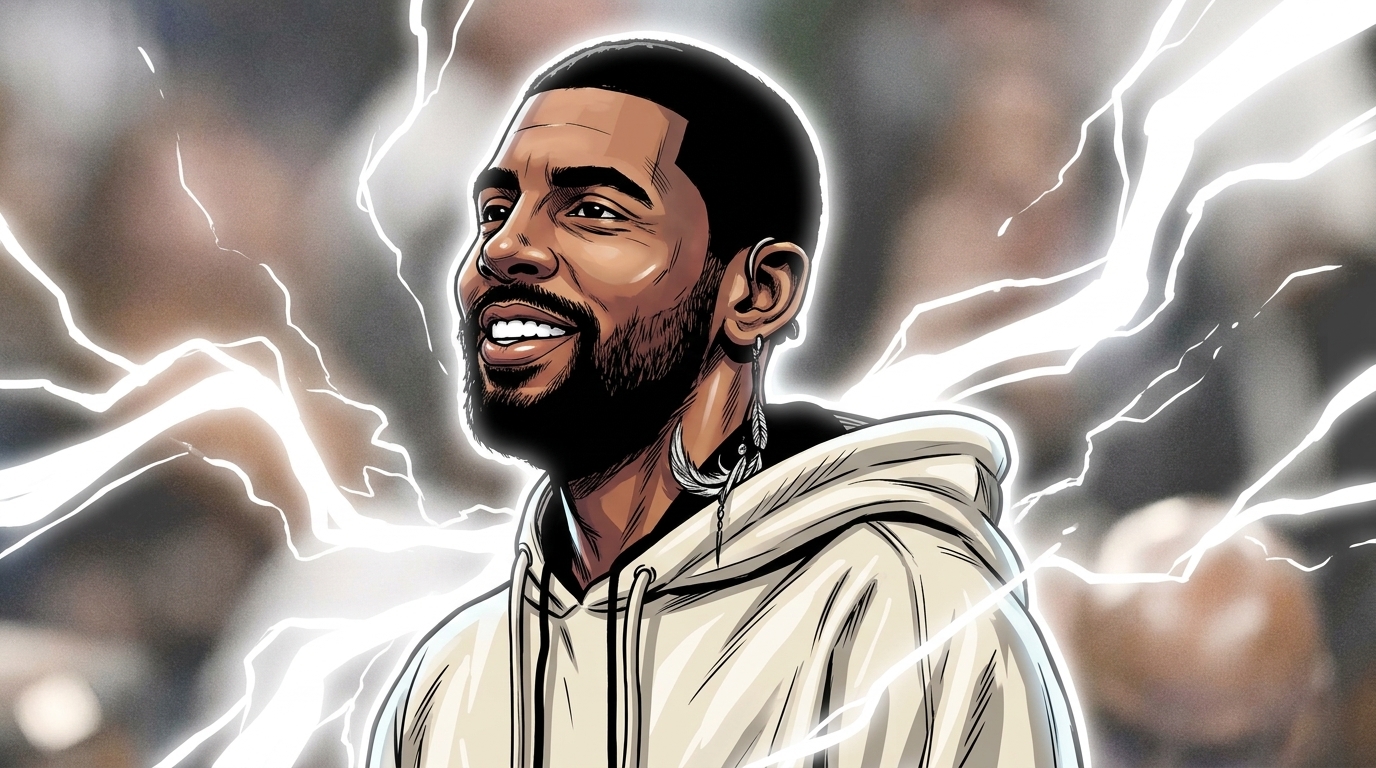 Comic electric-energy-style illustration of Kyrie Irving smiling in a cream hoodie, white lightning bolts washing the blurred arena crowd background -- Swipe Sports