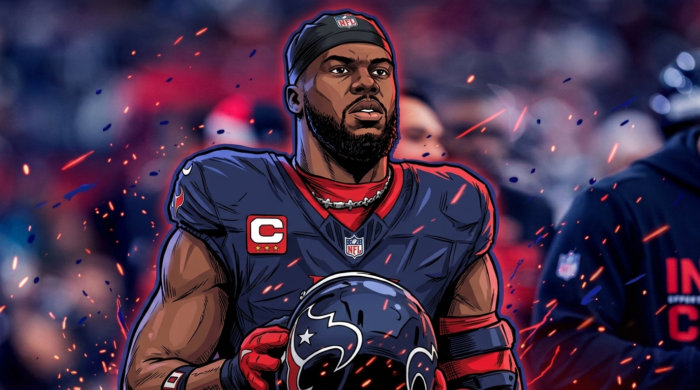 Comic-style illustration of Houston Texans linebacker Azeez Al-Shaair in his navy captain's jersey holding his helmet on the sideline, with red ember sparks and a blurred crowd background.