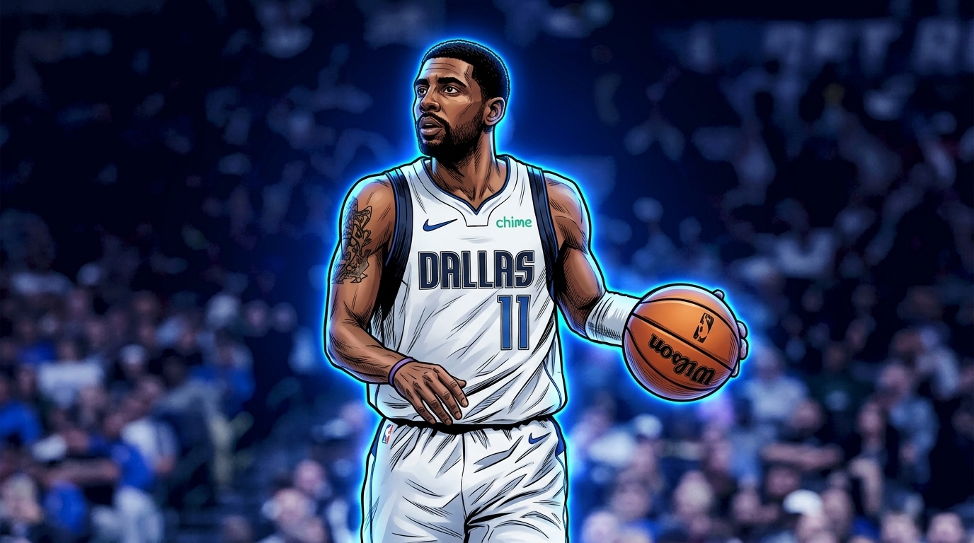 Kyrie Irving dribbles up the floor in a white Dallas Mavericks jersey, rendered in a neon rim-glow comic style