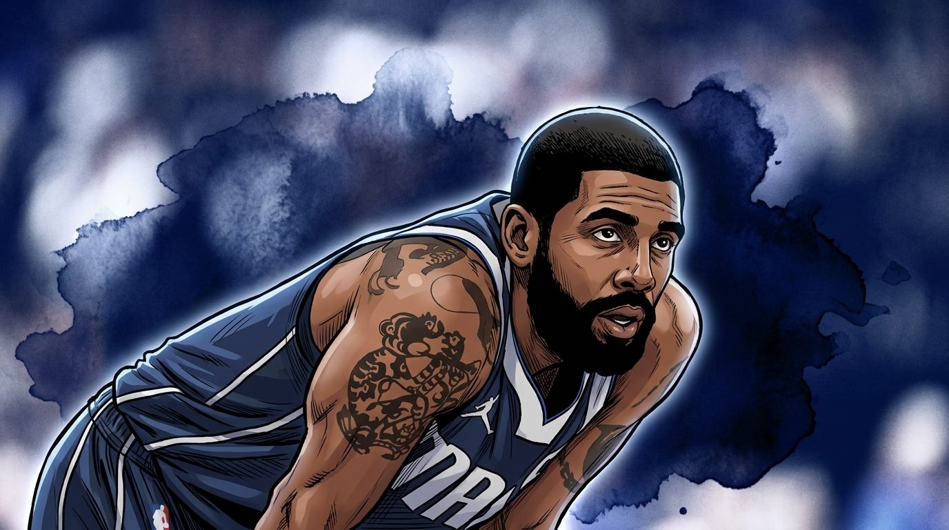 Comic-style illustration of Kyrie Irving in a Dallas Mavericks jersey