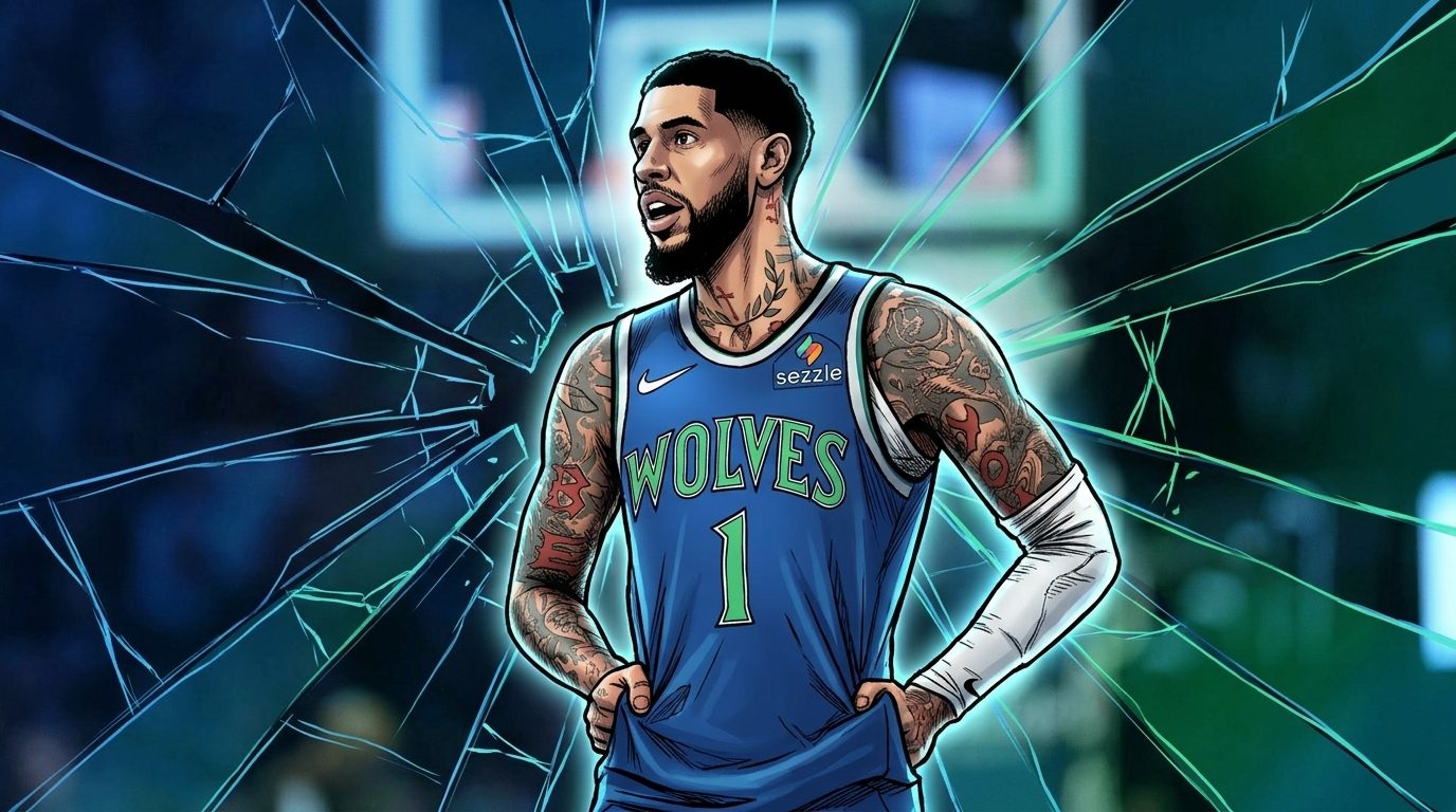 Comic-style illustration of LaMelo Ball in a blue Timberwolves jersey with green WOLVES lettering and the number 1, hands tugging the jersey hem, surrounded by a blue-green shattered glass effect with a basketball hoop visible in the blurred background
