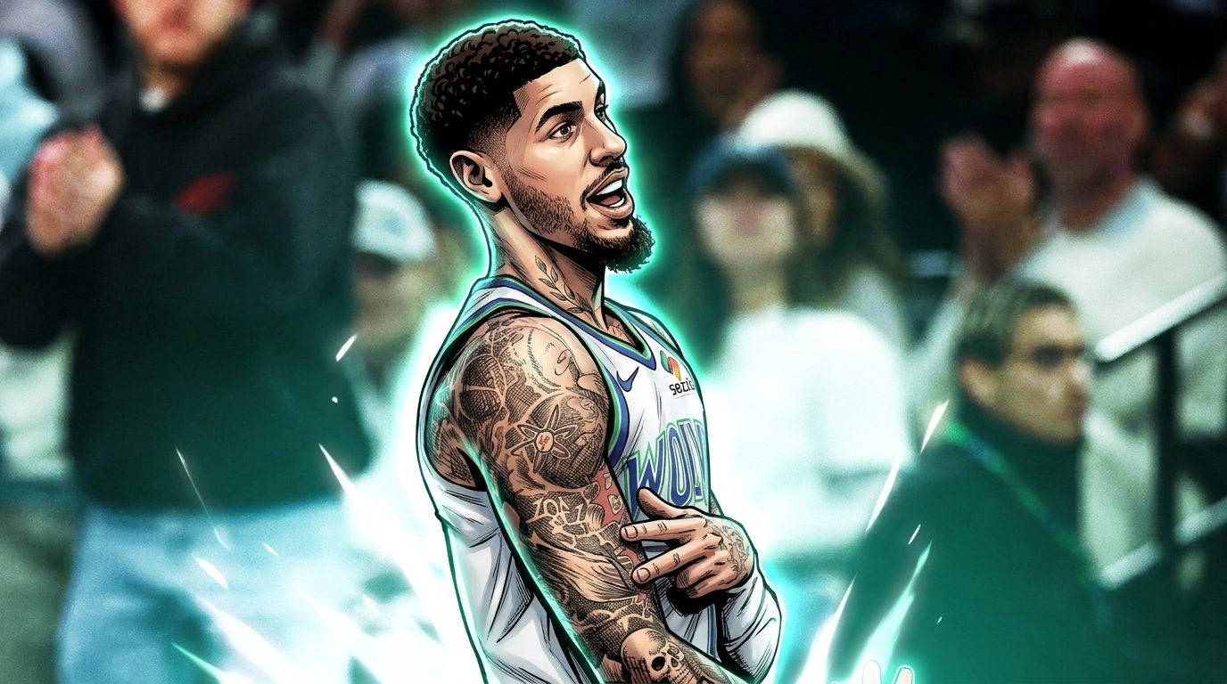 Comic-styled illustration of LaMelo Ball reacting courtside in a white Minnesota Timberwolves jersey, neon teal rim-glow effect against a blurred arena crowd background