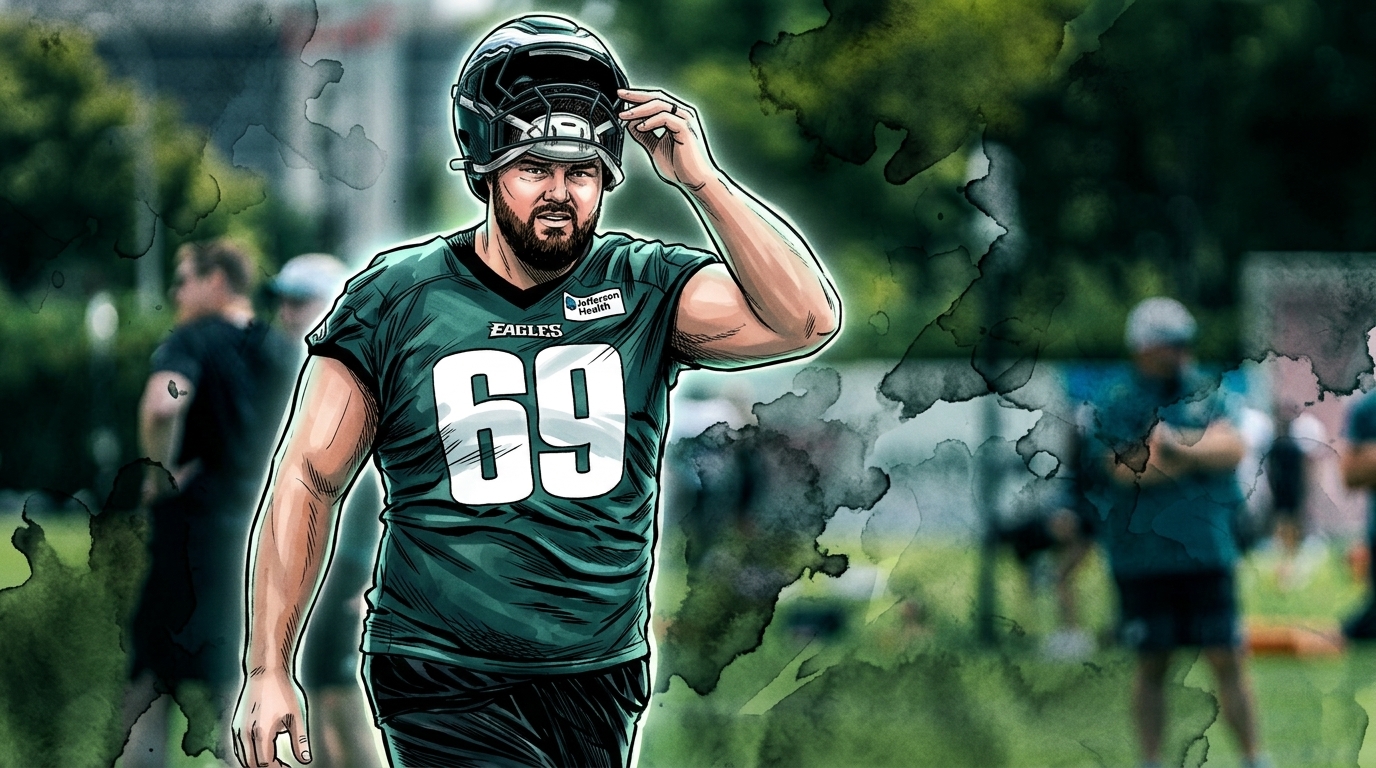 Comic-book illustration of Landon Dickerson in a midnight-green Eagles practice jersey #69, raising his helmet, ink-wash watercolor bleed effect over a practice-field background