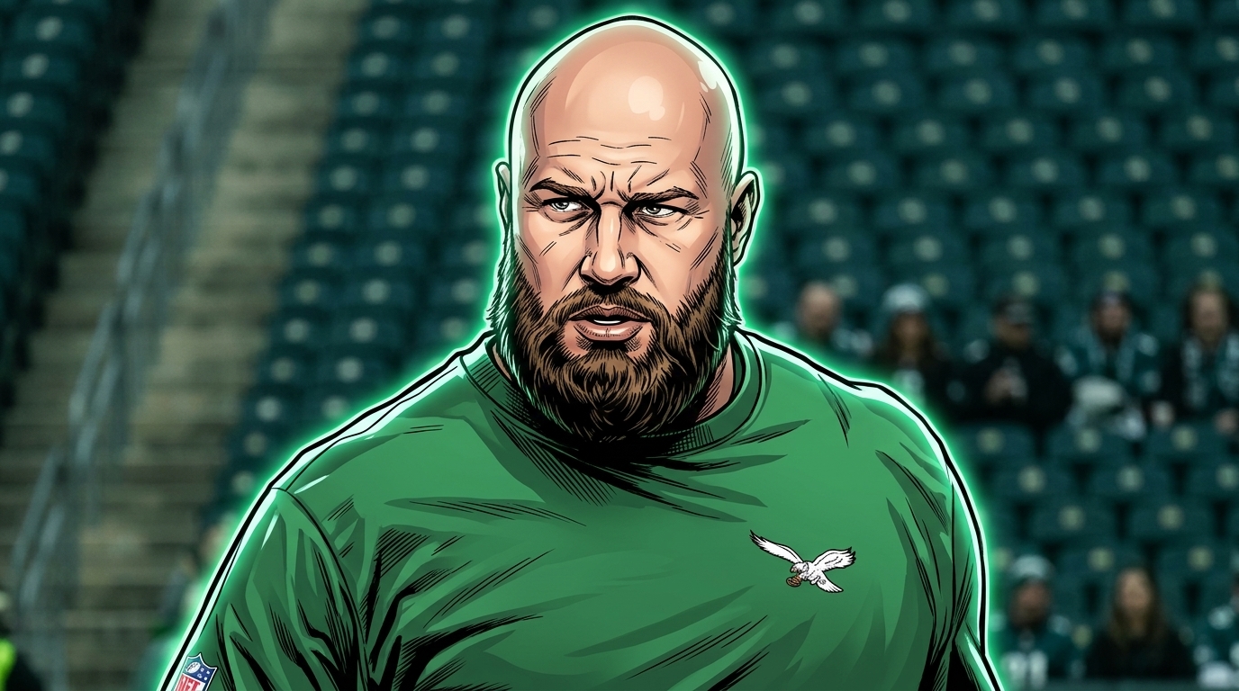 Comic-style illustration of Lane Johnson in profile wearing a green Eagles jersey with captain's patch, sweat on his brow, ink-wash watercolor effect in dark green behind him