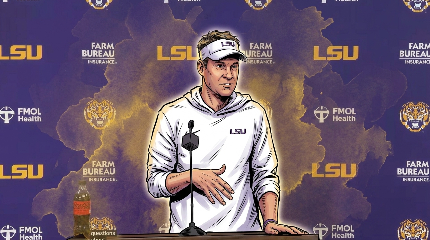Comic-style illustration of LSU head coach Lane Kiffin gesturing at a press conference podium, wearing a white LSU hoodie and white visor with purple LSU wordmark, purple step-and-repeat backdrop with LSU, Farm Bureau Insurance, and FMOL Health branding, gold and brown ink-wash watercolor bleed effect