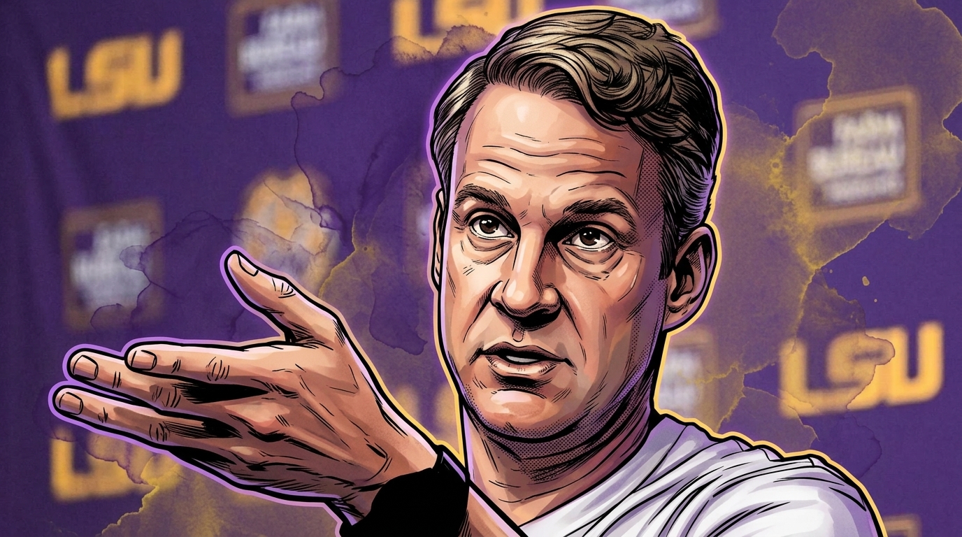 Comic-style illustration of LSU head coach Lane Kiffin gesturing with one raised hand, wearing a white LSU quarter-zip pullover, purple LSU step-and-repeat backdrop with gold LSU wordmarks, purple and gold ink-wash effect
