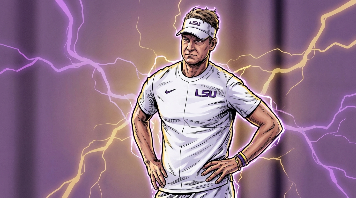 Comic-style illustration of Lane Kiffin standing with hands on hips in a white LSU practice tee and white LSU visor with purple Nike and LSU wordmarks, purple and gold electric-energy lightning radiating through a tinted practice-facility background