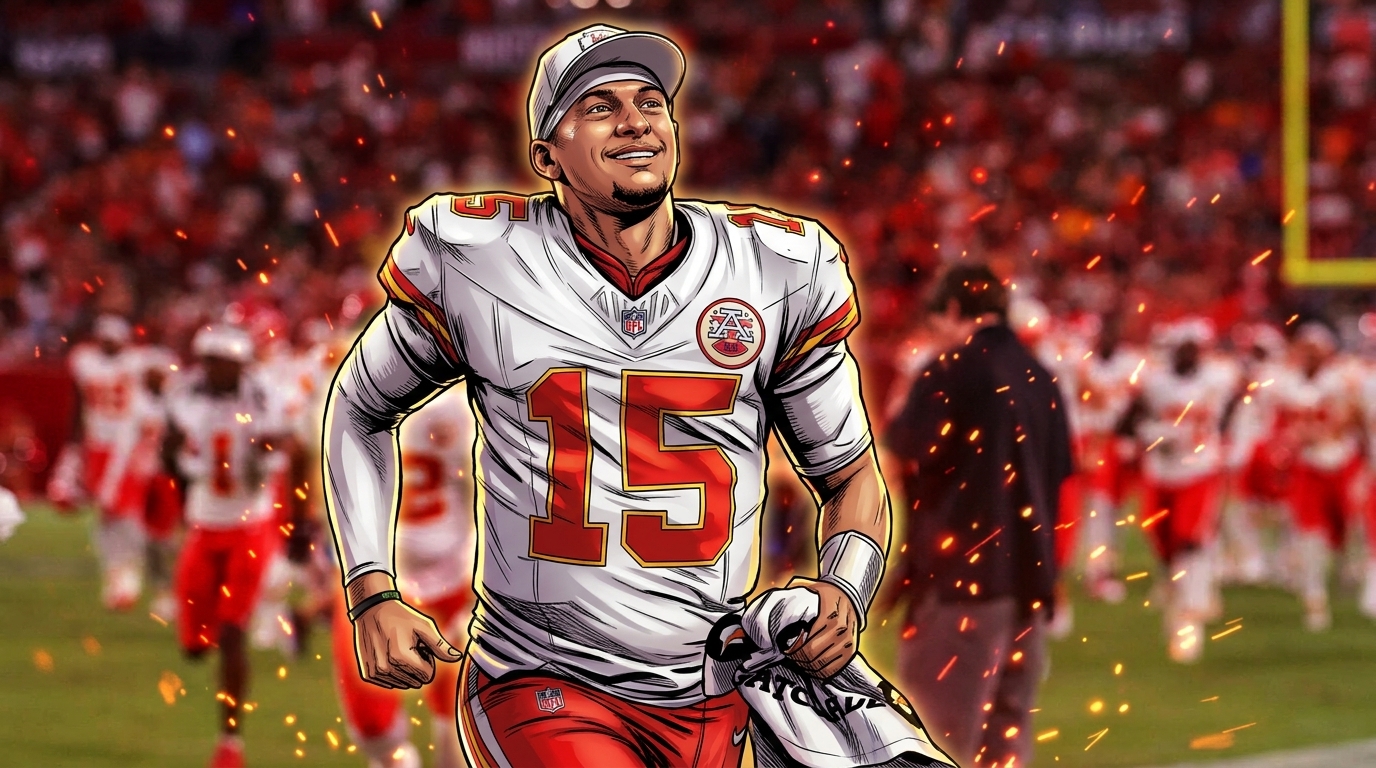 Comic-style illustration of Patrick Mahomes in a white Chiefs road jersey and cap, particle field and floating embers effect in red and gold over a stadium background