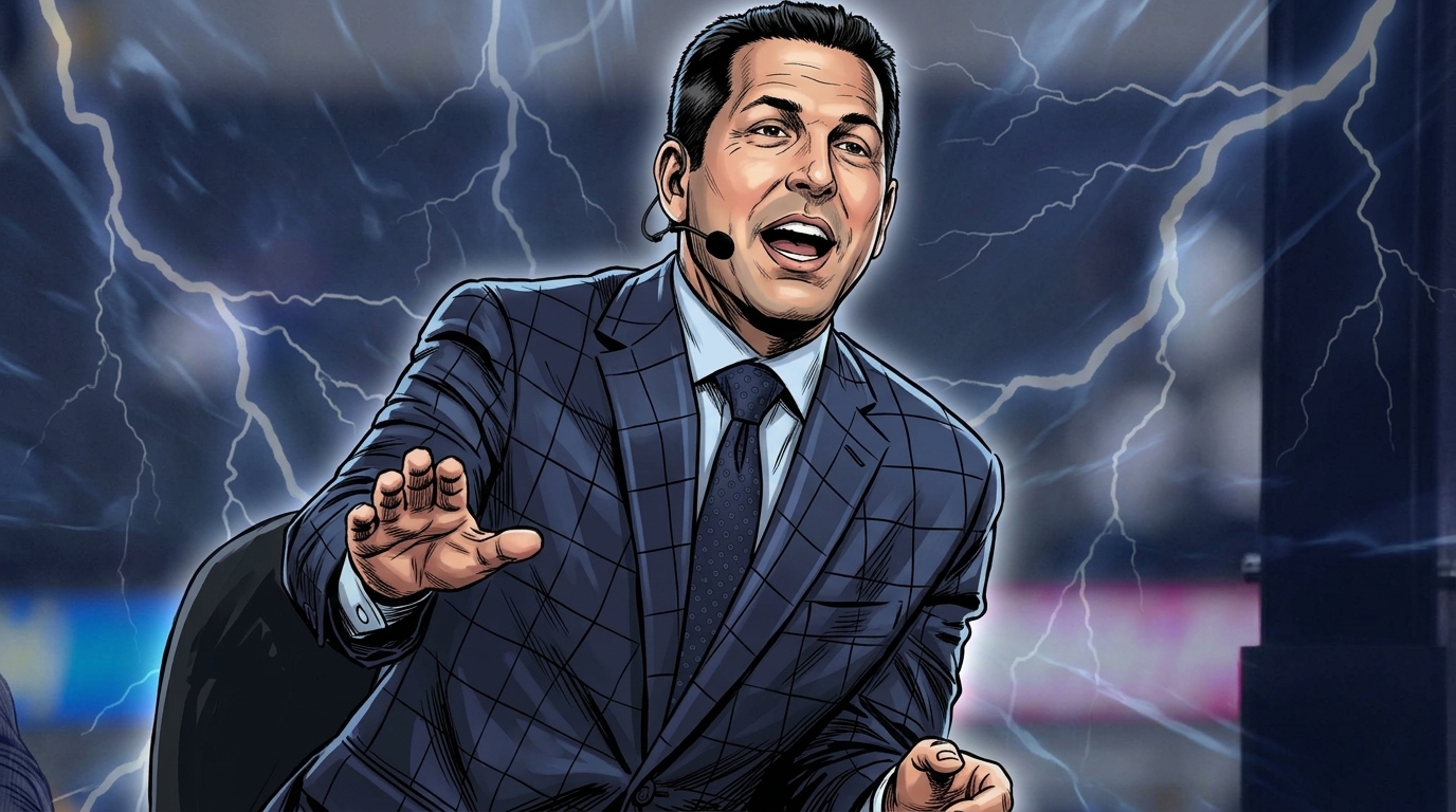 Adam Schefter mid-broadcast in a navy plaid suit with headset mic, storm and lightning comic effect over a stadium background