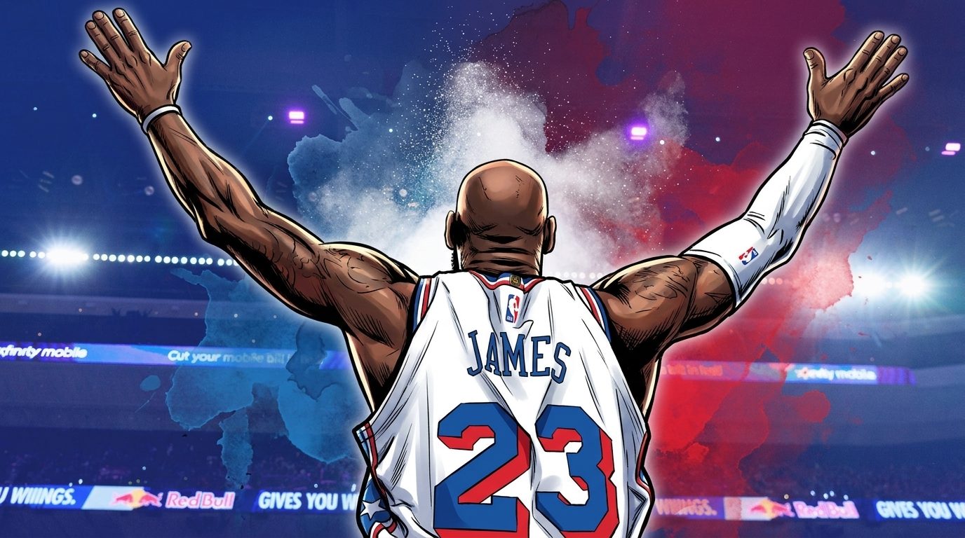 Comic-style illustration of LeBron James from behind in a white Philadelphia 76ers jersey with 'JAMES 23' on the nameplate, arms raised, chalk dust in the air, blue-and-red ink-wash effect over a dark arena background