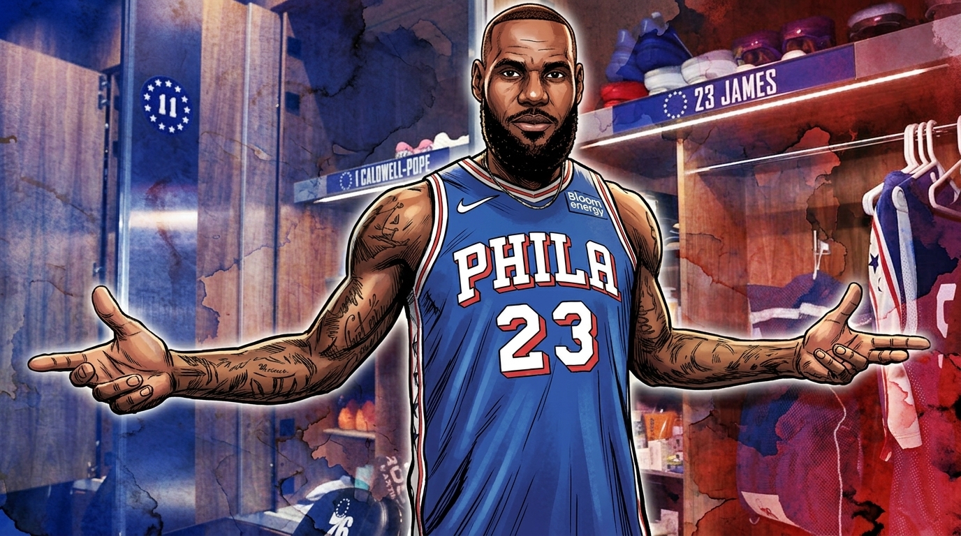 Comic-style illustrated image of LeBron James in his Philadelphia 76ers No. 23 locker stall, arms out in a shrug pose, blue and red watercolor wash over the wood-paneled locker room.