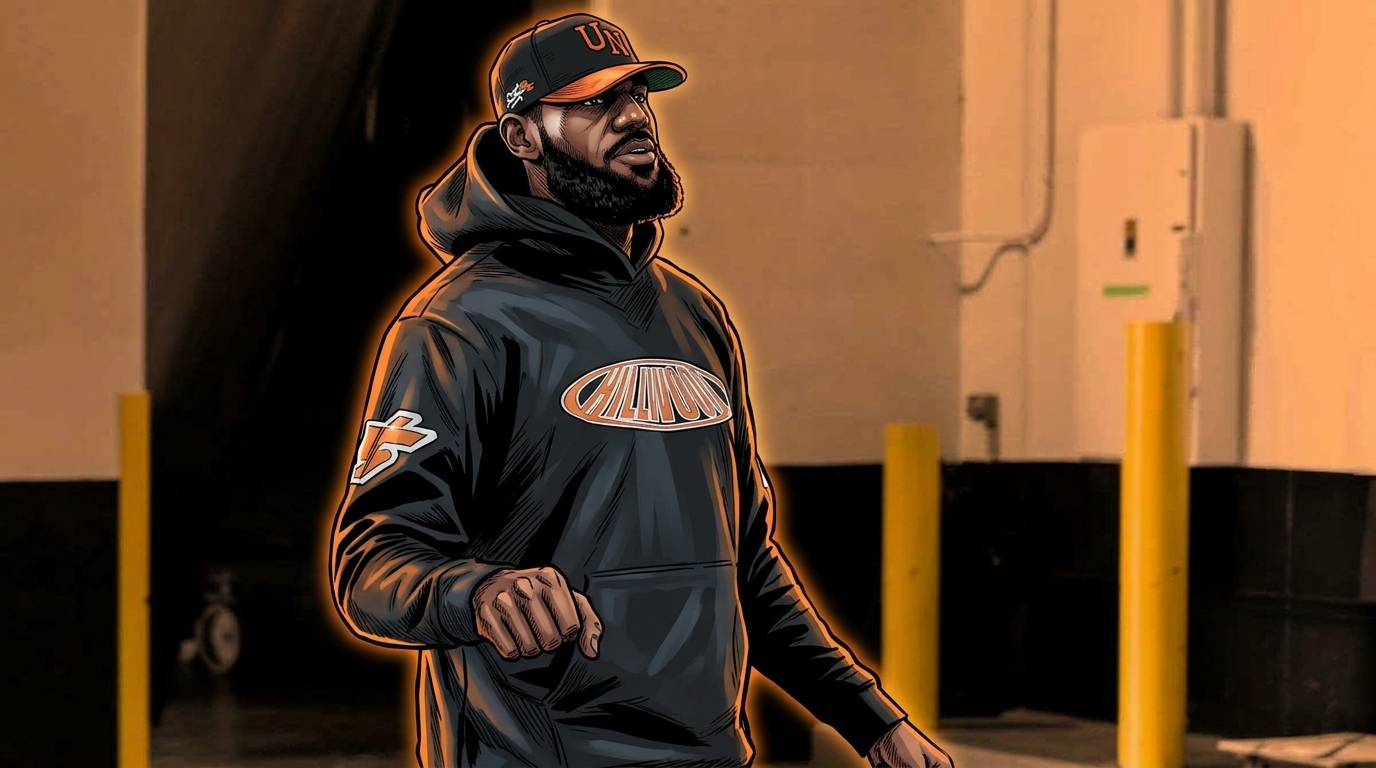 Comic-style illustration of LeBron James in a hoodie and cap, walking through an arena corridor with an orange neon rim-glow effect