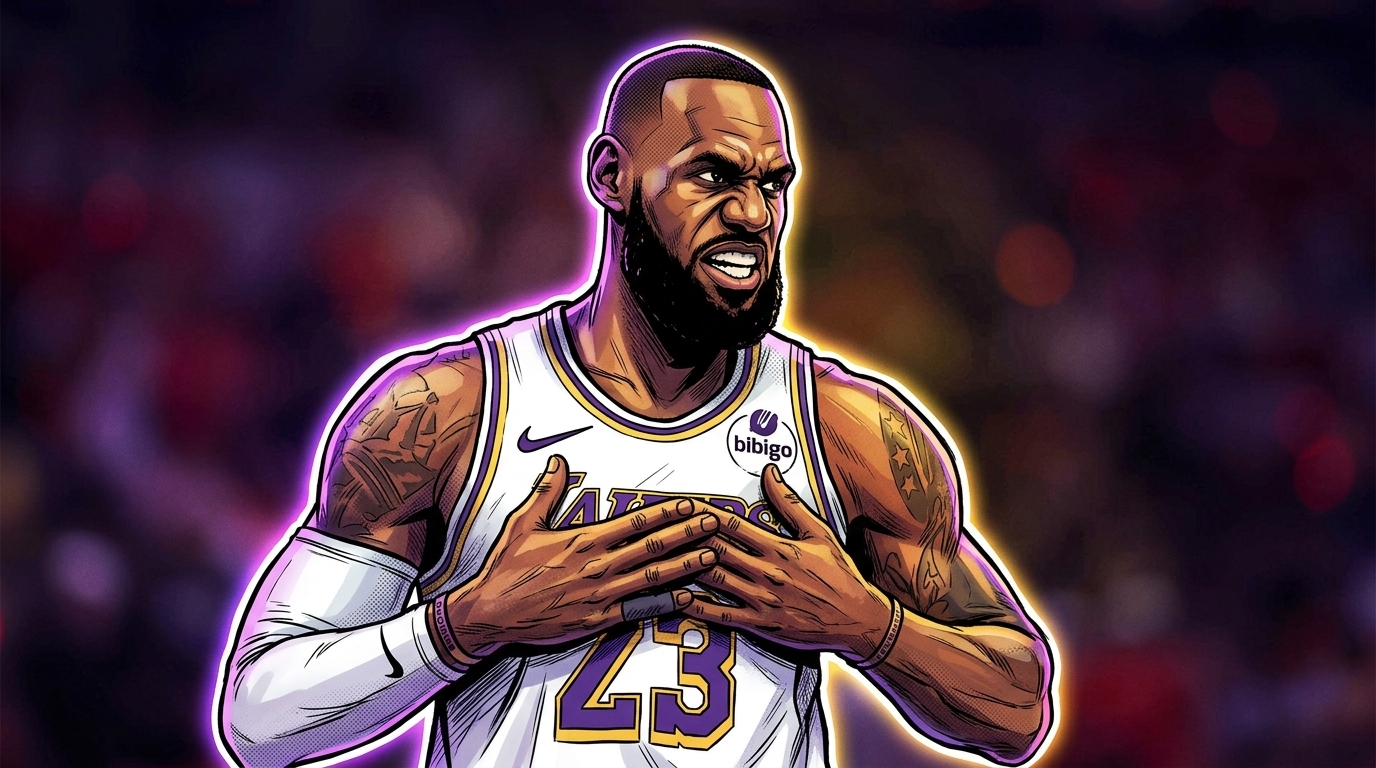LeBron James rendered in comic book style with a neon rim glow effect, hands clasped to his chest with an intense expression